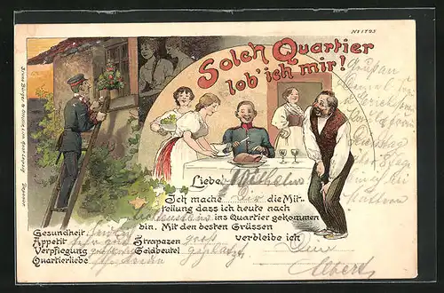 Künstler-AK Bruno Bürger & Ottillie Nr. 1795: Solch Quartier lob` ich mir!, Soldat beim Fensterln