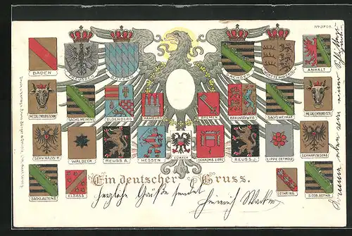 Präge-Künstler-AK Bruno Bürger & Ottillie Nr. 3705: Adler mit Wappen aus Hamburg, Hessen und Lübeck, Kaiserportrait