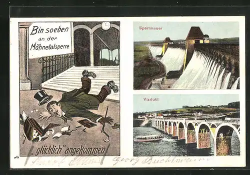 AK Möhnesee, Herr im Anzug stürzt auf der Treppe, Möhnetalsperre, Viadukt mit Dampfer