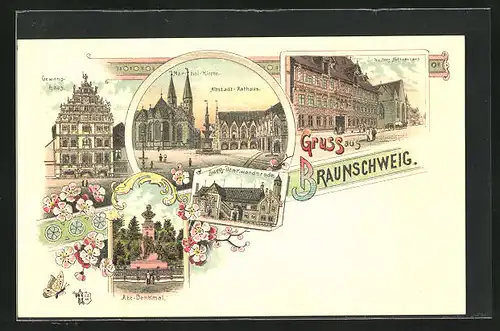 Lithographie Braunschweig, Gewandhaus, Rathaus