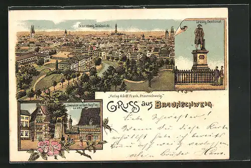 Lithographie Braunschweig, Lessing-Denkmal, Ortsansicht
