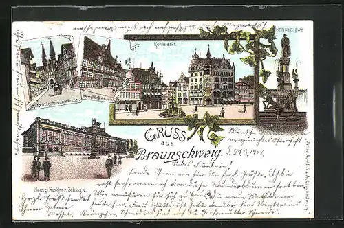 Lithographie Braunschweig, Residenz-Schloss, Kohlmarkt