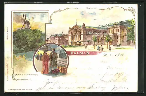 Lithographie Bremen, Bahnhof, Mühle in den Wallanlagen