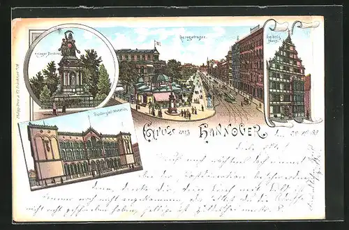 Lithographie Hannover, Krieger-Denkmal, Leibniz-Haus