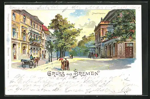 Lithographie Bremen, Stadttheater, Strassenpartie