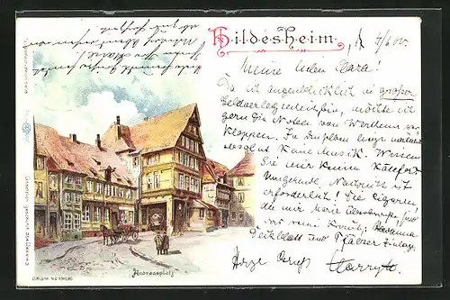 Lithographie Hildesheim, Andreasplatz, Strassenpartie