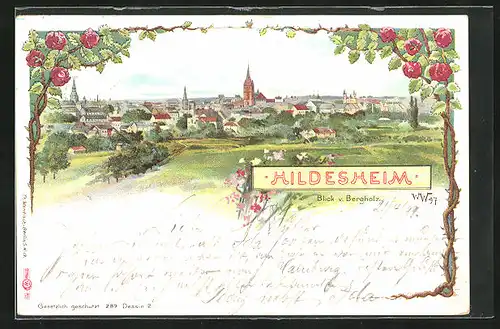 Lithographie Hildesheim, Blick v. Bergholz auf die Stadt