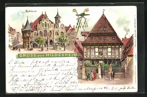 Lithographie Hildesheim, Gasthaus Weinhandlung zur Domschenke, Rathaus