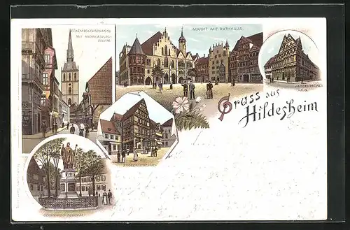 Lithographie Hildesheim, Markt mit Rathaus, Altdeutsches Haus