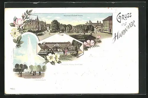 Lithographie Hannover, Herrenhäuser-Allee, Grosse Fontaine