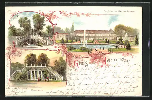 Lithographie Hannover, Schloss in Herrenhausen, Cascade