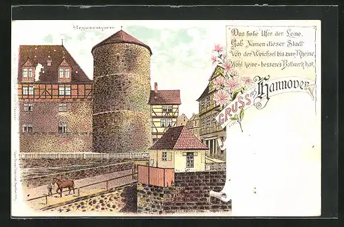 Lithographie Hannover, Beguinenturm mit Pferd