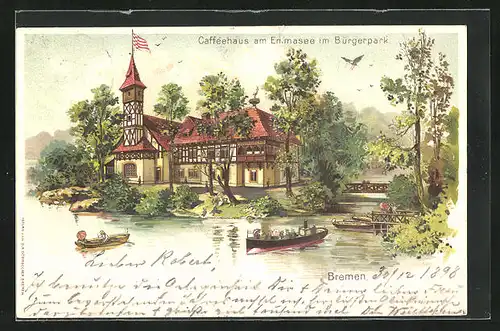Lithographie Bremen, Caféhaus am Emmasee im Bürgerpark