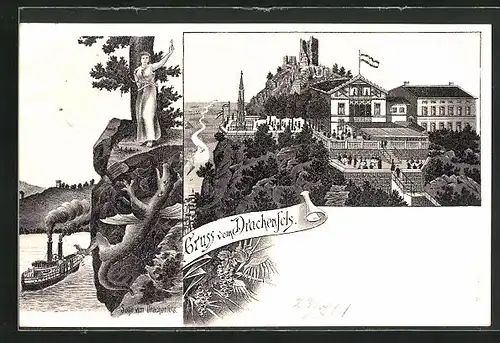 Lithographie Königswinter, Gasthaus Drachenfels, Darstellung der Sage vom Drachenfels