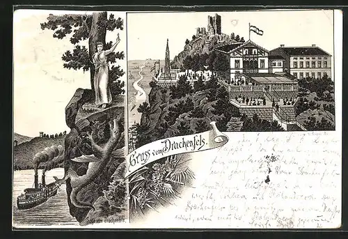 Lithographie Königswinter, Gasthaus Drachenfels, Dampfer auf dem Rhein