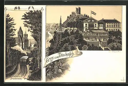 Lithographie Königswinter, Gasthaus Drachenfels, Zahnradbahn und Drachenburg