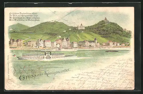 Lithographie Königswinter, Dampfer auf dem Fluss