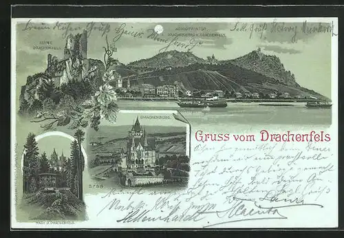 Mondschein-Lithographie Königswinter, Drachenfels, Drachenburg und Zahnradbahn