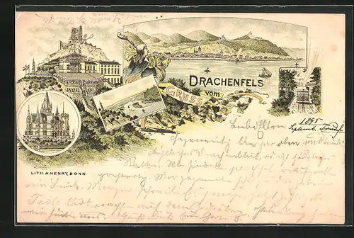 Vorläufer-Lithographie Königswinter, 1895, Hotel auf dem Drachenfels, Teilansichten vom Ort