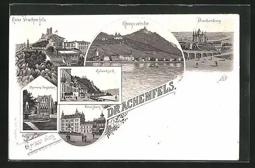 Lithographie Königswinter, Ruine Drachenburg und Petersberg