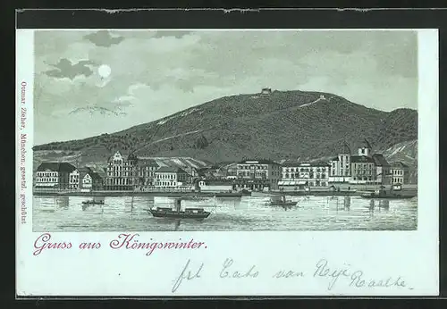 Mondschein-Lithographie Königswinter, Blick auf den Rhein