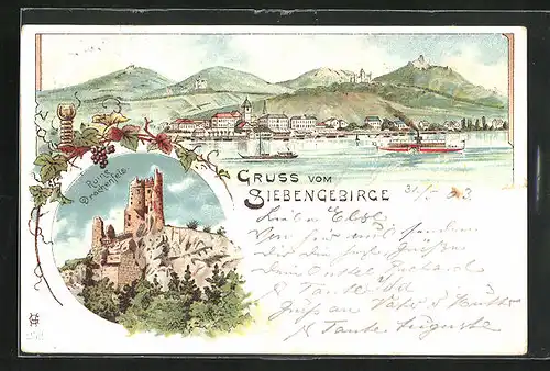 Lithographie Königswinter /Siebengebirge, Ruine Drachenfels und Dampfer auf dem Fluss