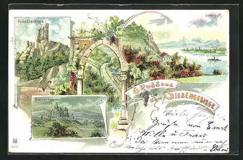 Lithographie Königswinter /Siebengebirge, Drachenburg und Ruine