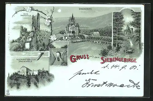 Mondschein-Lithographie Königswinter /Siebengebirge, Drachenburg und Restaurant Drachenfels