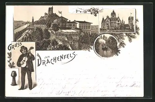 Lithographie Königswinter, Gasthaus und Ruine Drachenfels