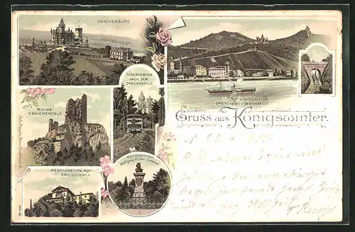 Lithographie Königswinter, Ruine Drachenfels und Restaurant auf dem Drachenfels