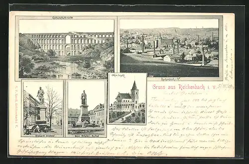 AK Reichenbach, Göltzschtalbrücke, Bismarck Denkmal und Kaiser Wilhelm Denkmal