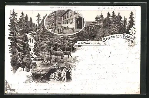 Lithographie Hasserode, Restaurant an der Steinernen Renne, Zwerge und Rehe im Wald