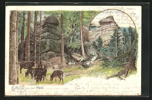 Lithographie Hasserode, Rehe grassen vor der Hohenstein-Klippe