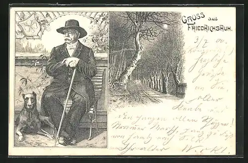 Lithographie Friedrichsruh, Fürst Bismarck sizt auf einer Bank