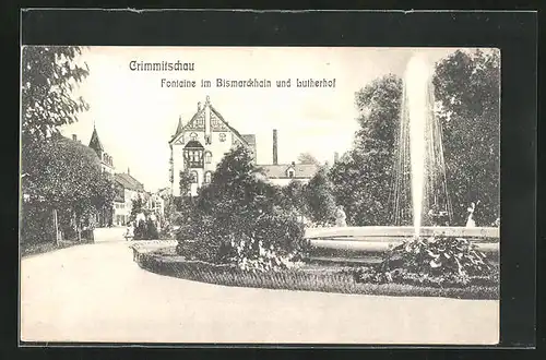 AK Crimmitschau, Fontaine im Bismarckhain und Lutherhof