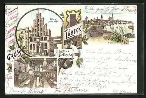 Lithographie Lübeck, Schiffer-Gesellschaft, Hafen