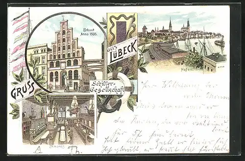 Lithographie Lübeck, Hafen, Schiffergesellschaft