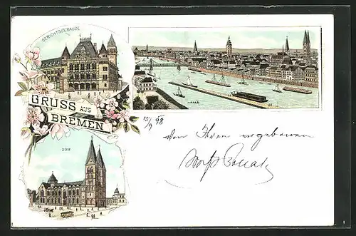 Lithographie Bremen, Gerichtsgebäude, Dom, Weser