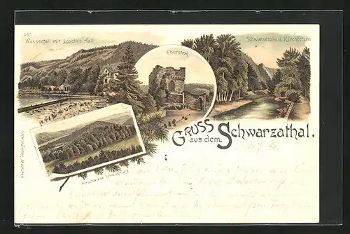 Lithographie Schwarzburg, Wasserfall mit Lösche`S Hall, Eberstein