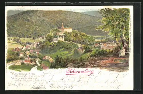 Lithographie Schwarzburg, Ortsansicht aus erhöhter Position