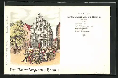 Lithographie Hameln, Rattenfängerhaus mit dem Rattenfänger