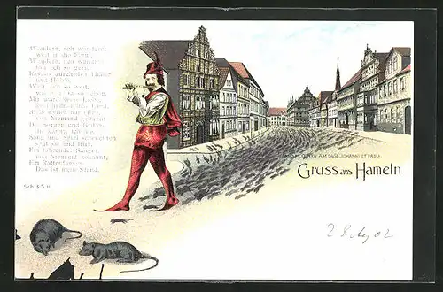 Lithographie Hameln, Strassenpartie mit Rattenfänger