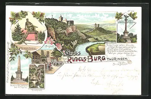 Lithographie Saaleck, Rudels-Burg, Bismarck-Denkmal