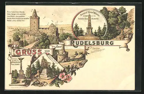 Lithographie Saaleck, Rudels-Burg, Bismarck-Denkmal