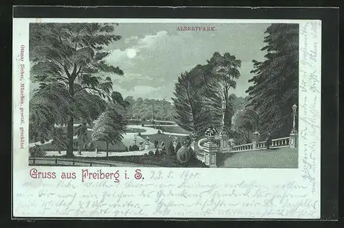 Mondschein-Lithographie Freiberg i. S., Albertpark, Partie