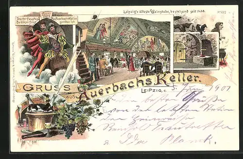 Lithographie Leipzig, Gasthaus Auerbachskeller mehrere Innenansichten