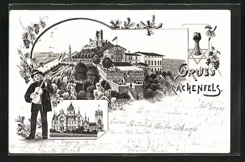 Lithographie Drachenfels, Drachenburg und Blick auf den Ort