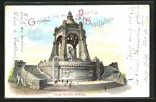 Lithographie Porta Westfalica, Blick auf das Kaiser Wilhelm Denkmal