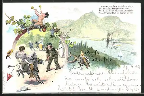 Lithographie Königswinter, Drachenfels, Wanderer mit Eseln die bocken