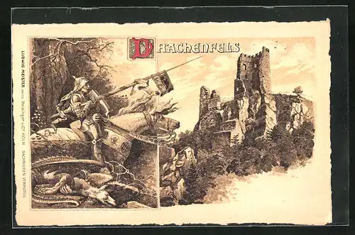 Lithographie Königswinter, Drachenfels, Ritter im Harnisch und Lanze auf einem Streitross